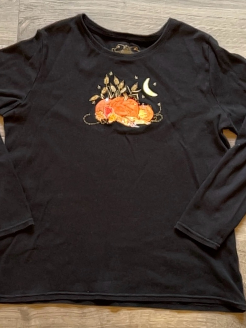 Black Long-Sleeve Women's Tee with Embroidered Orange Pumpkin Motif